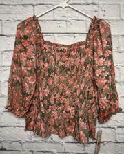 NWT  Smocked Floral Peplum Square Neck Blouse M.