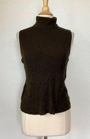 Solid Brown Ribbed Turtleneck Sleeveless Top