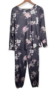 Women’s Floral Pajama Set Pants Top Grey Pink Size Medium