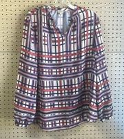 Cremieux red and blue plaid semi sheer long sleeve tunic blouse office career