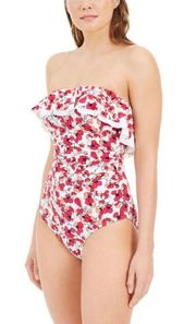 TOMMY HILFIGER Women's White Floral Ruffled Bandeau One Piece Swimsuit 8