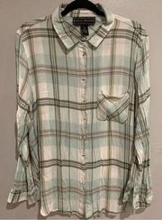 Polly&Esther Plaid Flannel Button Down Shirt-White/Blue L/S Rayon EUC 3XL Womens