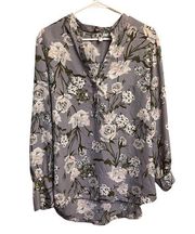 Kut From The Kloth Gray Cream Blue Floral Long Sleeve Blouse Size Large