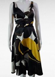 Madison Leigh Black & Yellow Abstract Satin  Midi Dress Size 6