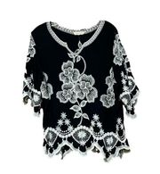 Solitaire Black and White Embroidered Blouse Women’s Size XL Shirt