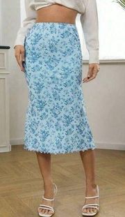 SHEIN Floral Print Lettuce Trim Mermaid Hem Skirt, Baby Blue, Size XS, NWT