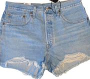 jean shorts 501 fitted high rise button fly distressed fray denim‎