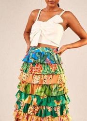 Farm Rio Mixed Prints Multi-Layered Midi Skirt