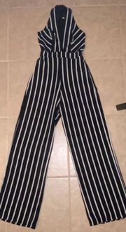 SMALL Black and white striped short sleeve wide leg romper/Jumpsuit