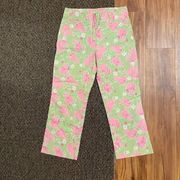 Lilly Pulitzer Pink Elephant Green Wide Leg Cropped Floral Pants