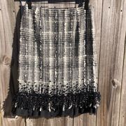 Lafayette 148 New York 2 Black White Tweed Pencil Ruffle Matrix Skirt XS Beaded