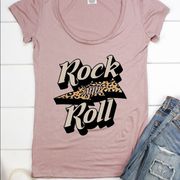 Rock N Roll Thunder Bolt Leopard Print Scoop Neck Tee Shirt Blush Pink  Small
