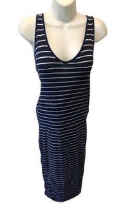 Athleta MT Ember Blue White Striped Midi Racerback Dress M Ruched Sides Stretch