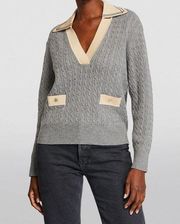 SANDRO Nea Cable-Knit Sweater Gray Wool Cashmere Blend V Neck