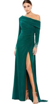 Mac Duggal Beaded Cuff Drop Shoulder Faux Wrap Gown 12231 Emerald Green 6 NWT