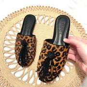 Schutz Leopard Beaded Black Tassel Mules Size 5