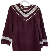 Vintage Vassarette Burgundy 1/2 Zip Long Robe with Lace Detailing Size Medium