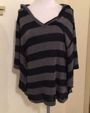 Black and grey striped hooded sweater top sz small