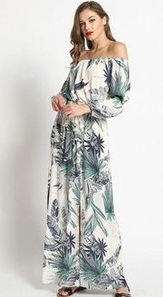 NWT Tropical Palm Print Off Shoulder Tie Maxi Dress 3/4 Sleeve L White F0100