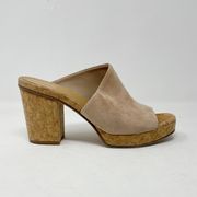 Vince Wyatt Oatmeal Beige Tan Suede Cork Platform Open Toe Chunky Heels Shoes 6