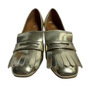 H&M Block Heel Fringe Loafers 38 US7 Gold Slip On Womens Shoes