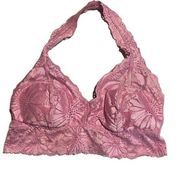 Aerie  Bralette Medium Pink Full Lace Halter Adjustable Waist