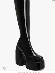 Platform Chunky High Heel Square Toe Side Zipper Black PU Leather Stretch Boots