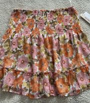 Aqua Pink Multi-Floral Print Smocked Crinkle Chiffon Mini Skirt Size S