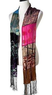 Chico’s Patchwork Velvet Burnout Skinny Scarf Fringe Trim Silk Blend Colorful