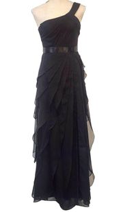 Adrianna Papell One-Shoulder Satin-Trim Draped Flutter Gown Sz 2