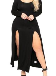 Curvy Sense Eliana Square Neck 2 Front Slits Dress Black. Size 1X
