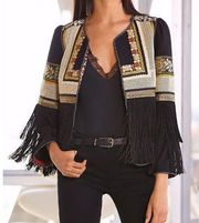 Boston Proper Embroidered Fringe Jacket Crochet Western Tapestry Open Blazer