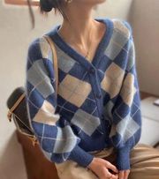 Korean Vintage Plaid Argyle Knitted Cardigan