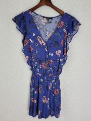 One Clothing Womens Romper X-Small Blue Floral Faux Wrap Ruffle Sleeve Tie Waist