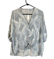 Olivaceous Blue & White Print Button Down Knot Front Blouse Women Sz M