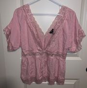 Pink Deep Neck Lace Button Up Blouse