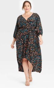 NEW  4X Floral Faux Wrap Dress Hi-Lo Hem Belted 3/4 Sleeves Black/Pink