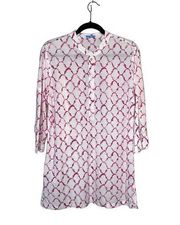 J. McLaughlin Women's size Large white pink roll tab 3/4 sleeve Tunic blouse