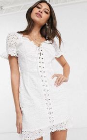 Lace Up White Broderie Mini Dress