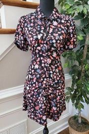Candie's Women's Black Floral Cotton Collared Short Sleeve Knee Length Dress L