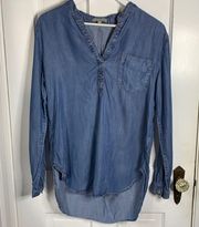 Joan Vass Chambray 100% Blue Tencel Long Sleeve Shirt Blouse Top Size Medium