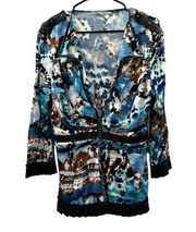 Alberto Makali Blue, White & Brown Printed 3/4 Sleeve Shirtigan Size L