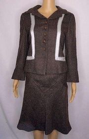 Rebecca Taylor Suit Blazer Jacket Skirt Wool Blend Dark Brown Pink Ribbon Trim