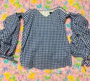 WOMENS ALPHA & OMEGA BLUE GINGHAM PLAID OFF THE SHOULDER BALLOON SLEEVE TOP