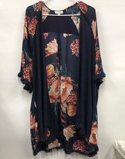 Umgee navy boho floral cottagecore kimono style open lightweight cardigan s/m