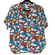 Alice Stuart Vintage 90s Colorful Mosaic Abstract Short Sleeve Button Up Blouse