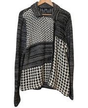 Chaps Cardigan Sweater Full Zip Jacket Houndstooth Patch XL Black White