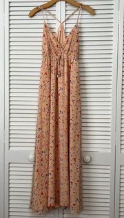 Strappy V-Neck Floaty Maxi Dress Peach & Multicolored Bird Pattern Small