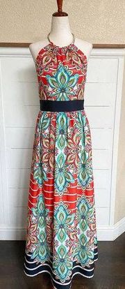 Eliza J Print Crêpe de Chine Halter Maxi Dress Navy Combo  Paisley NWT sz 4