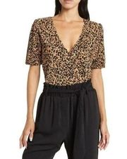 WAYF Animal Print Surplice Neck Puff Sleeve Bodysuit Large NEW